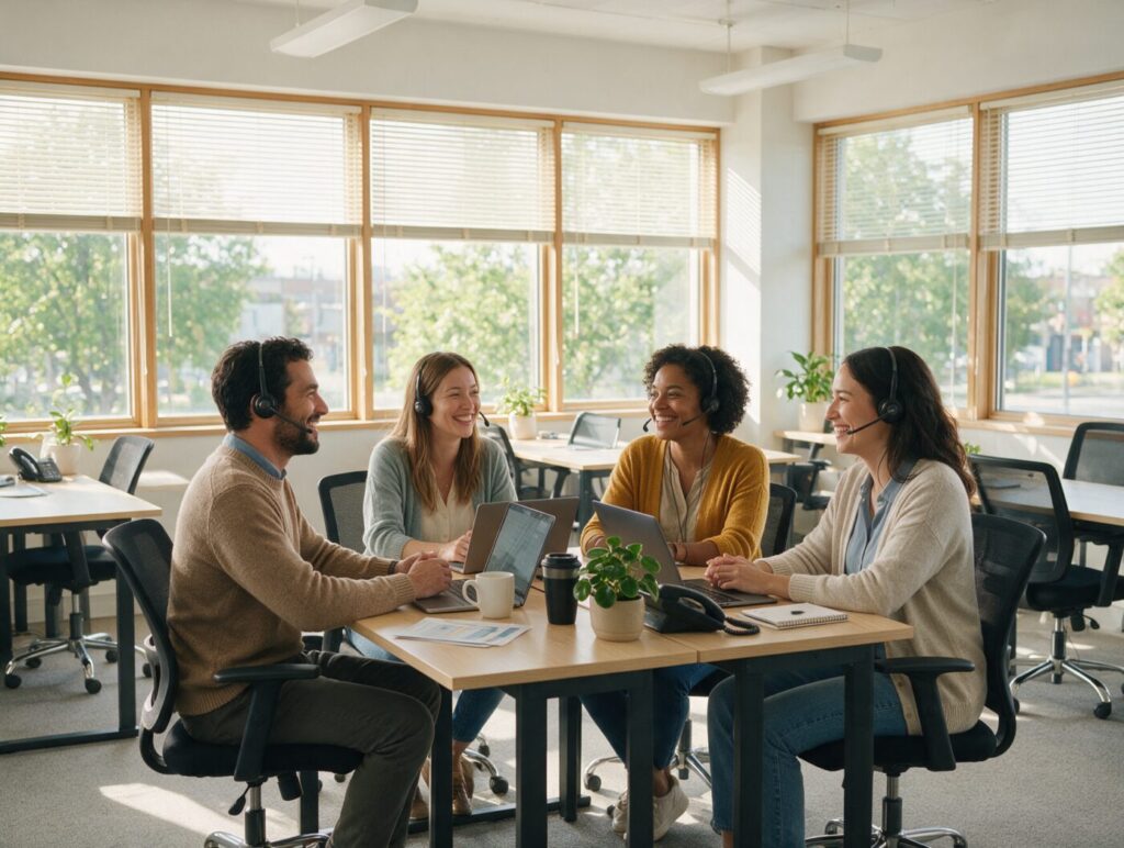Smiling customer support advisors with headsets working together in a bright office