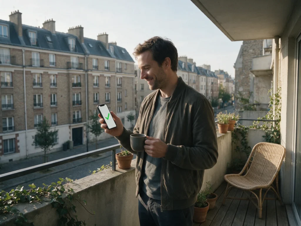 Man on his balcony smiling at his phone after receiving a payday loan
