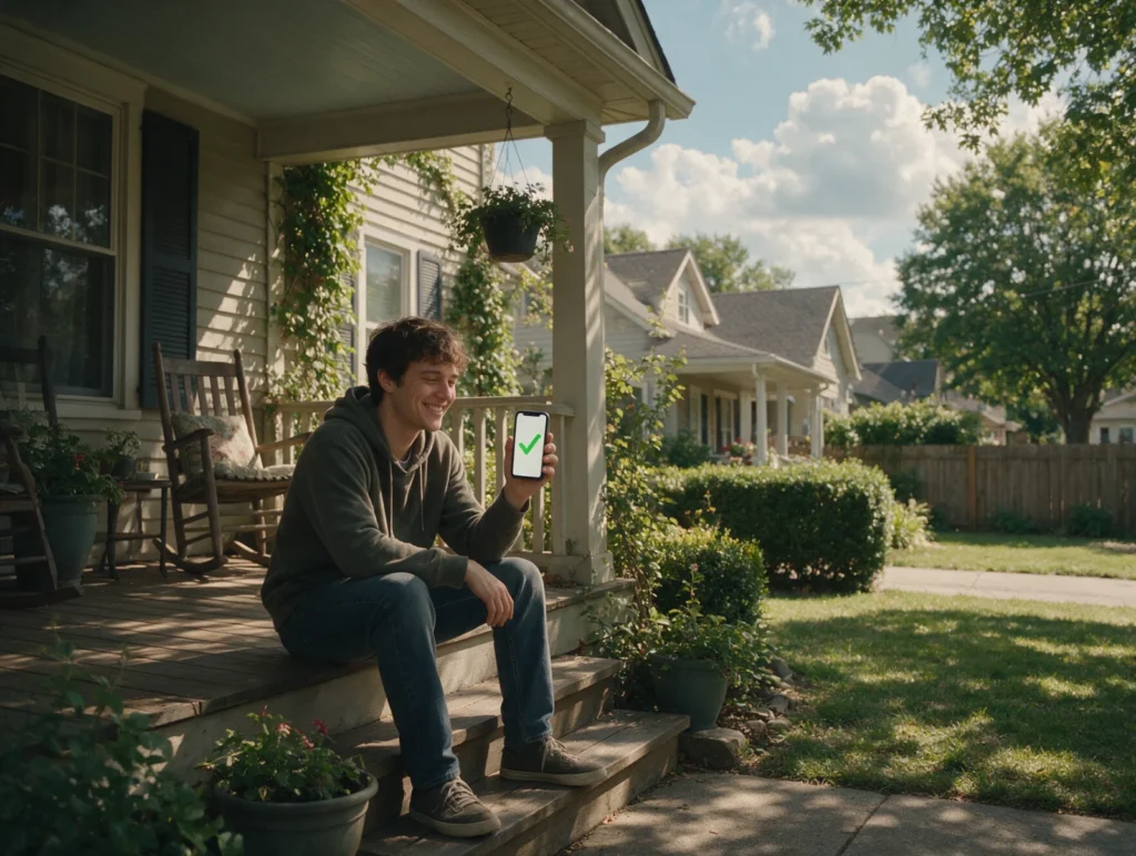 Young man on his porch steps smiling at his phone after approval