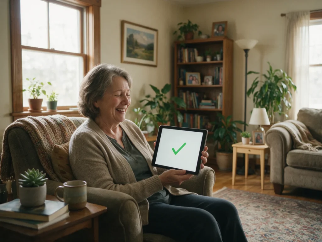 Older woman relieved while checking her loan approval on a tablet