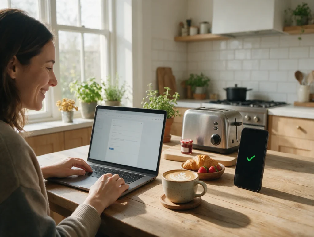 Woman at her kitchen table relieved after her loan was approved online