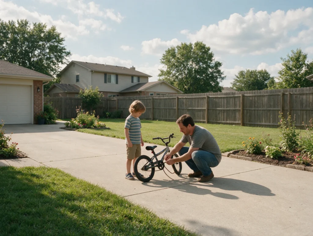 Father fixing his child's bicycle in the driveway