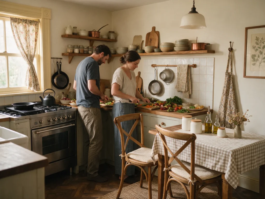 Couple cooking dinner together at home
