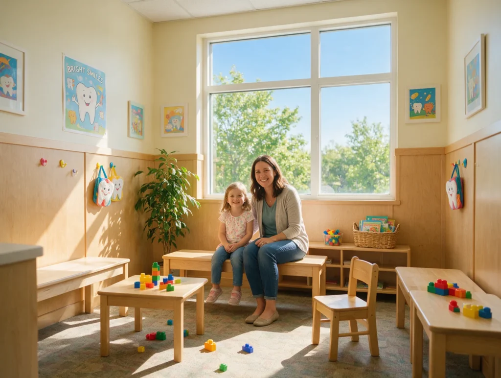Mother and daughter at a family dentist waiting room