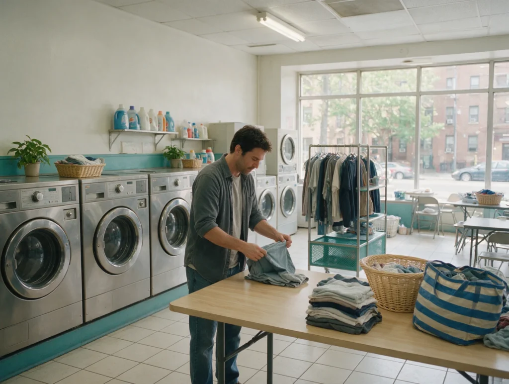 Man folding laundry at a neighbourhood laundromat