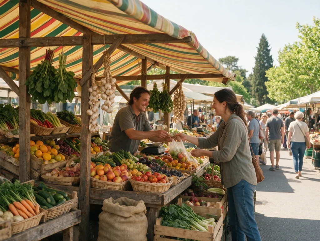 Woman buying fresh produce at a farmers market stall