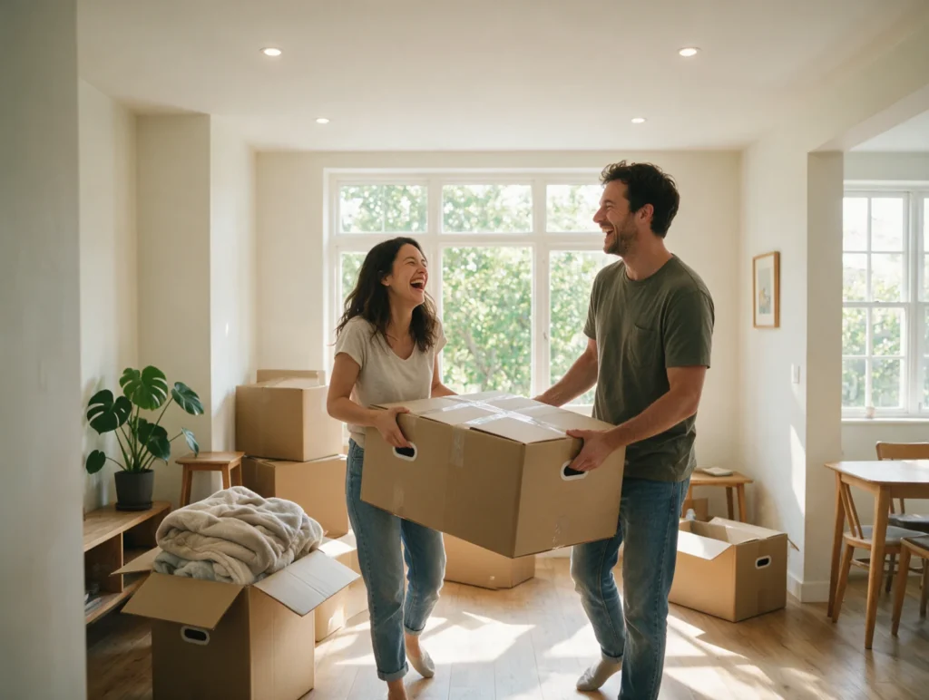 Couple carrying moving boxes into their new apartment