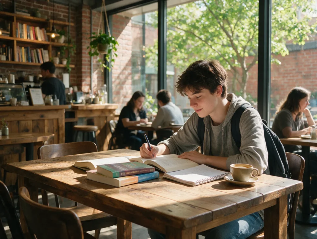 Student studying with textbooks at a sunny cafe
