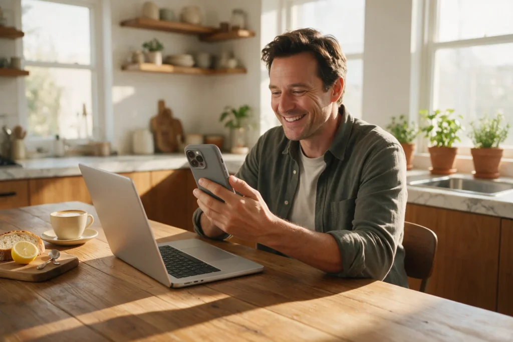 Man smiling after receiving his payday loan approval on his phone