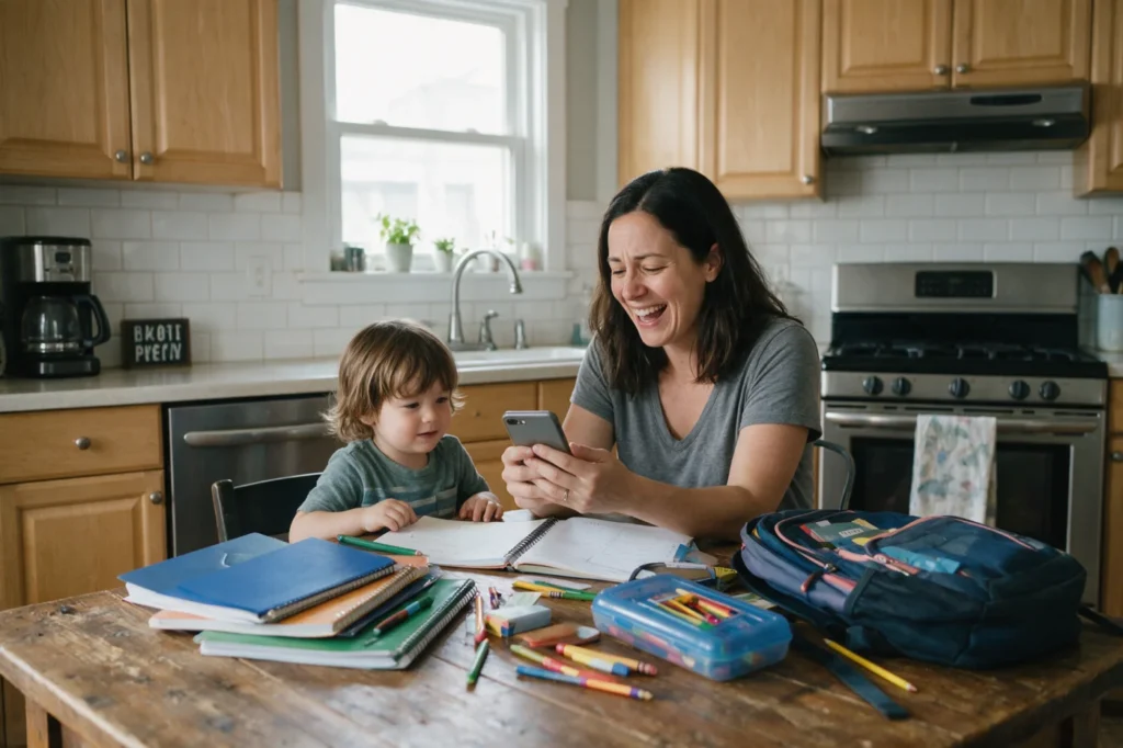 Mother and child with school supplies, mother smiling at her phone