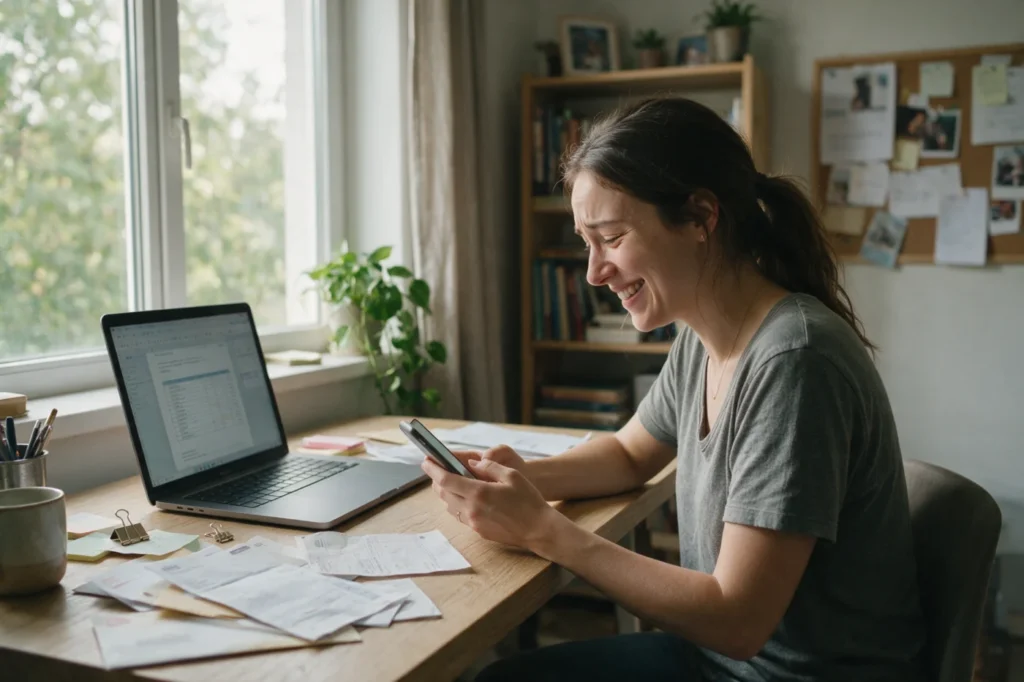 Woman with bills and laptop smiling relieved at her phone