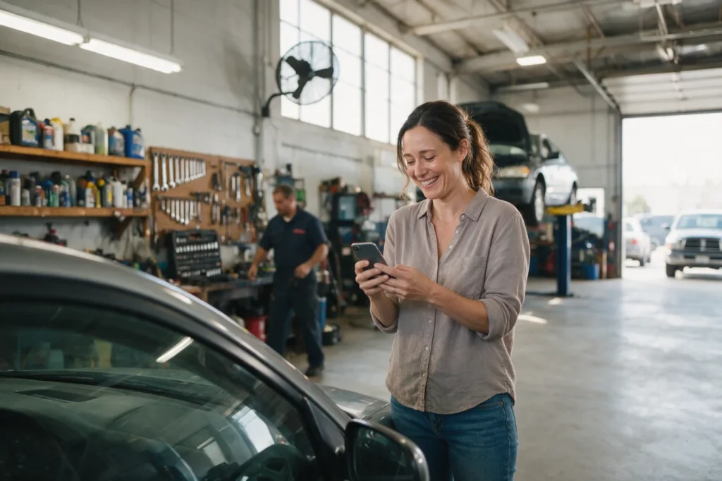 Relieved woman checking her phone at a car repair garage