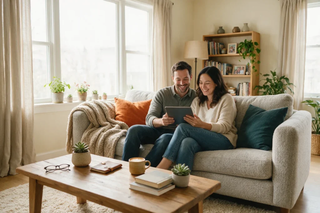 Happy couple reviewing their finances on a tablet