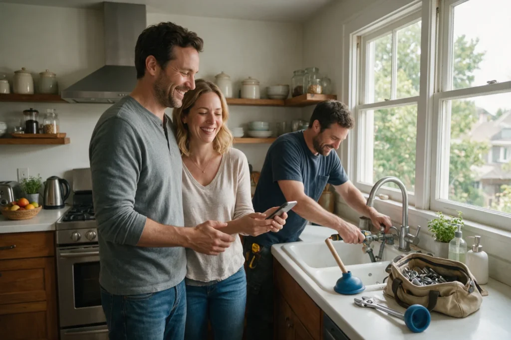 Couple relieved while a plumber fixes their kitchen sink