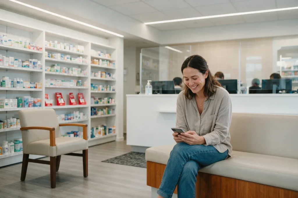 Woman smiling at her phone in a pharmacy waiting area