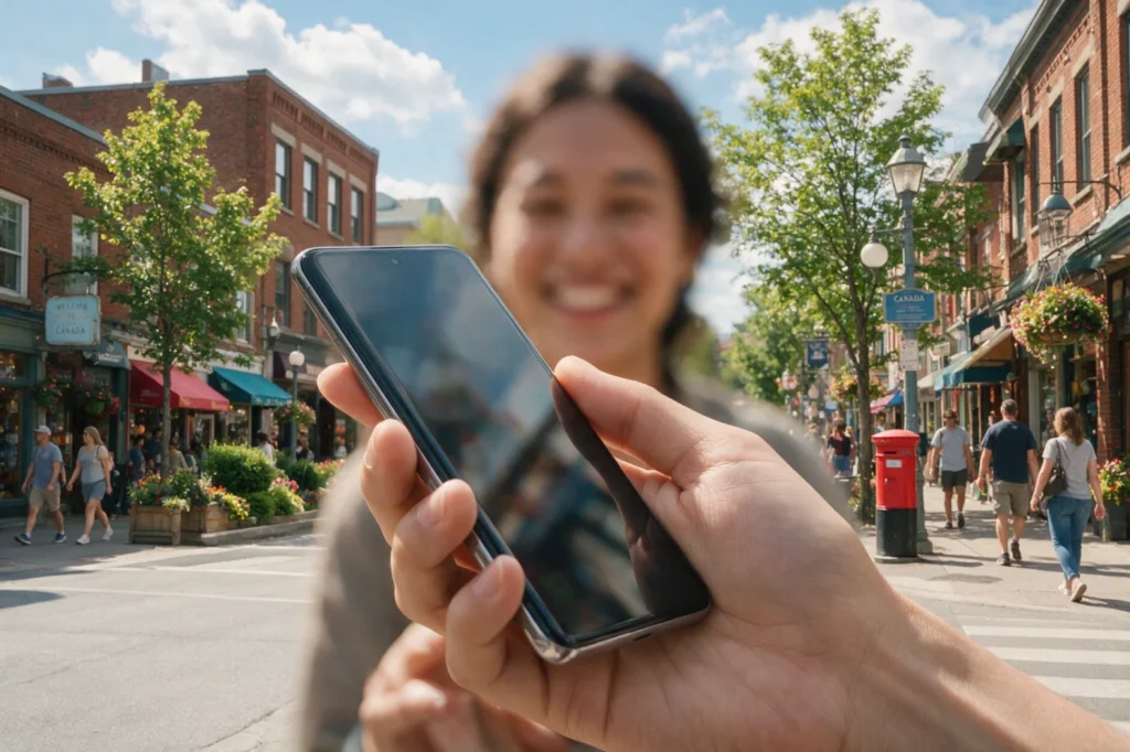 Hands holding a smartphone outdoors on a sunny Canadian street