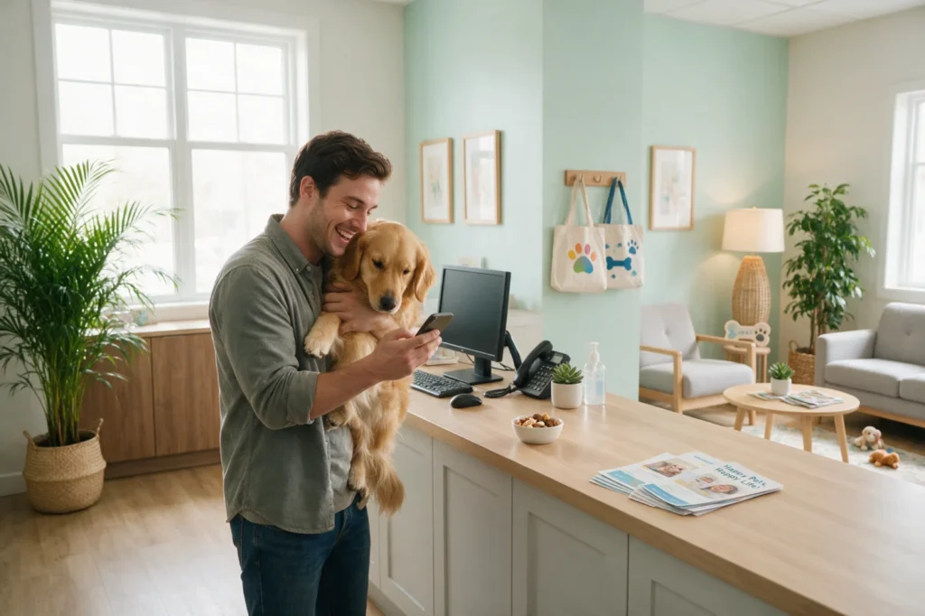 Man holding his dog at a vet clinic while checking his phone