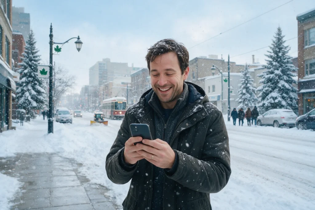 Man in a winter coat smiling at his phone on a snowy Canadian street
