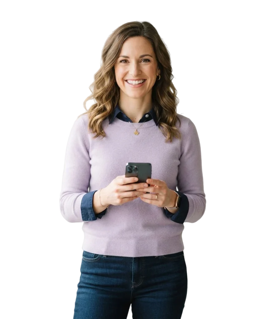 Smiling Canadian woman holding a phone applying for a payday loan online